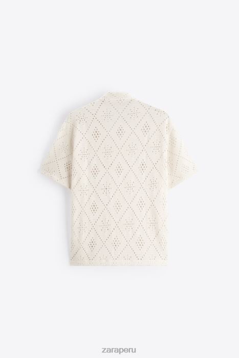 Zara hombres camisa con textura de crochet BDP8J1012 ropa ostra blanca