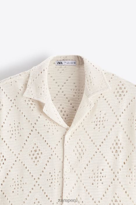 Zara hombres camisa con textura de crochet BDP8J1012 ropa ostra blanca