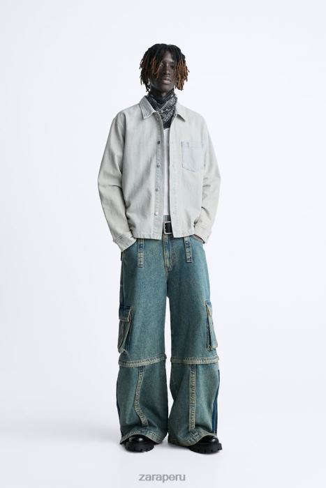 Zara hombres camisa de mezclilla sobreteñida BDP8J981 ropa azul