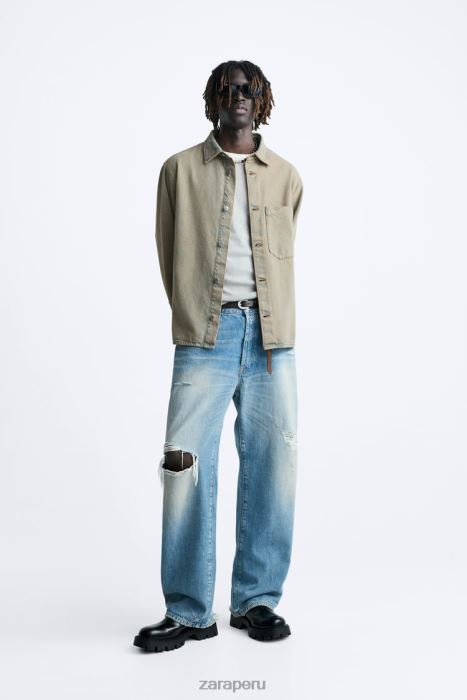 Zara hombres camisa de mezclilla sobreteñida BDP8J983 ropa arena