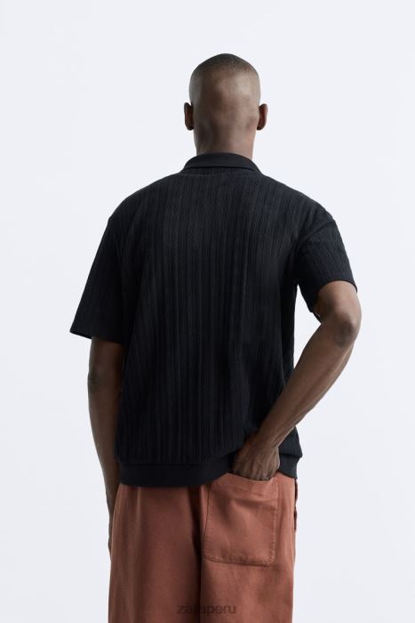 Zara hombres camisa texturizada pointelle BDP8J995 ropa negro