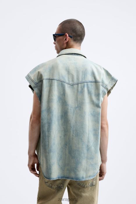 Zara hombres camisa vaquera con estampado abstracto BDP8J984 ropa aguamarina
