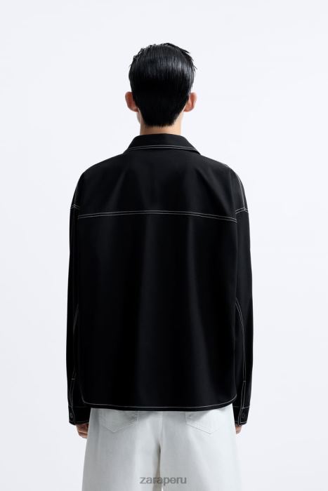 Zara hombres sobrecamisa con pespuntes en contraste BDP8J1180 ropa negro