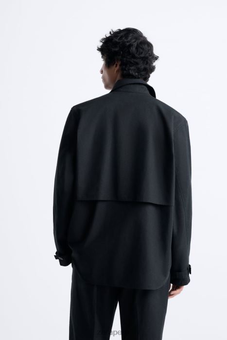 Zara hombres sobrecamisa de algodón - lino BDP8J1173 ropa gris antracita