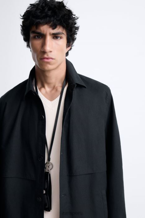 Zara hombres sobrecamisa de algodón - lino BDP8J1173 ropa gris antracita