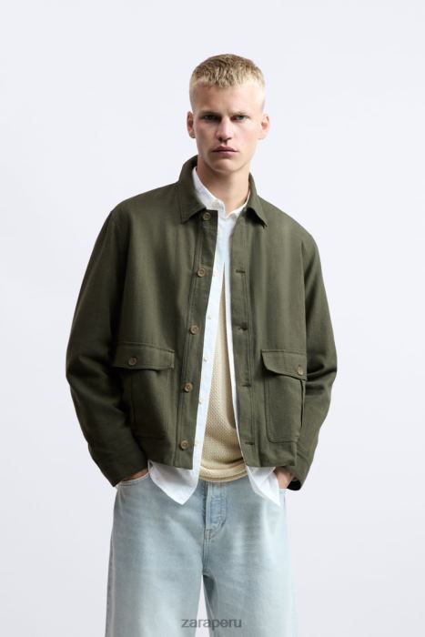 Zara hombres sobrecamisa de lino y algodón BDP8J1172 ropa caqui