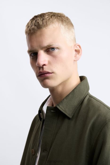 Zara hombres sobrecamisa de lino y algodón BDP8J1172 ropa caqui