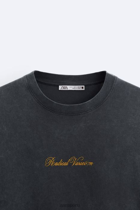Zara hombres camiseta con estampado de texto BDP8J1208 ropa gris antracita