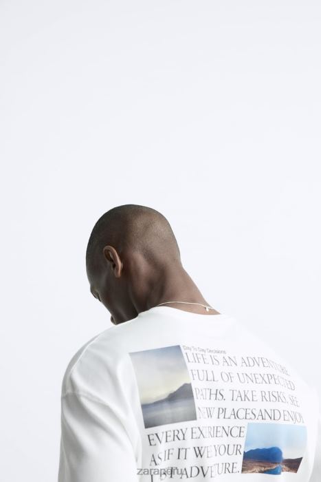 Zara hombres camiseta con fotografía estampada BDP8J1192 ropa ostra blanca