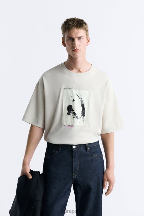 Zara hombres camiseta con parches combinados BDP8J1199 ropa marrón topo