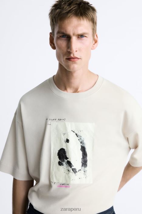 Zara hombres camiseta con parches combinados BDP8J1199 ropa marrón topo