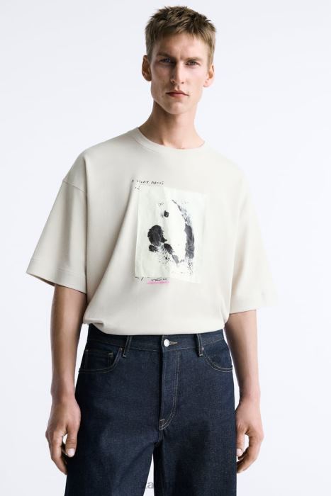 Zara hombres camiseta con parches combinados BDP8J1199 ropa marrón topo