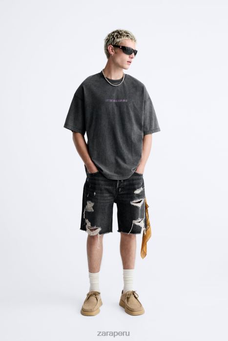 Zara hombres camiseta con texto lavado ácido BDP8J1214 ropa negro descolorido