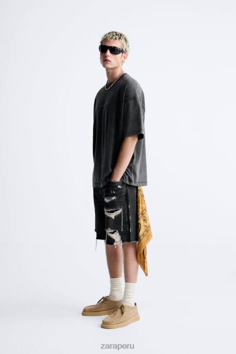 Zara hombres camiseta con texto lavado ácido BDP8J1214 ropa negro descolorido