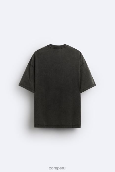 Zara hombres camiseta con texto lavado ácido BDP8J1214 ropa negro descolorido