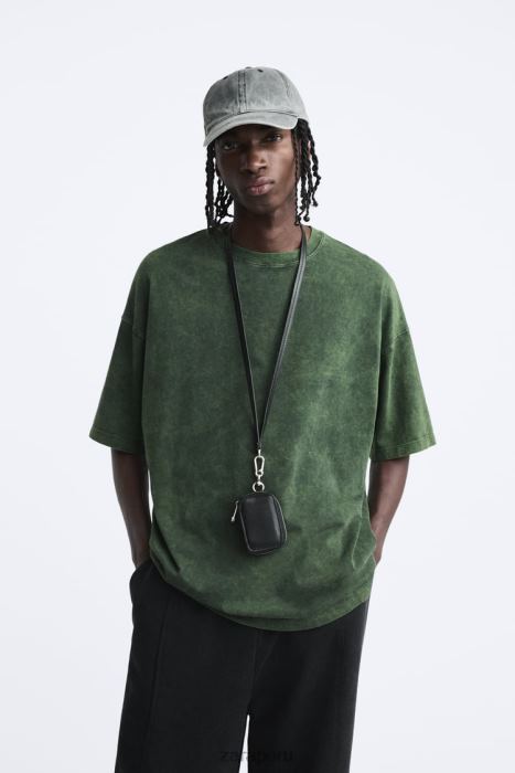 Zara hombres camiseta estampada con lavado ácido BDP8J1207 ropa verde lavado