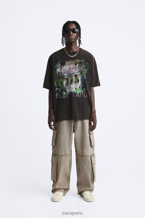 Zara hombres camiseta estampada lavada BDP8J1206 ropa marrón