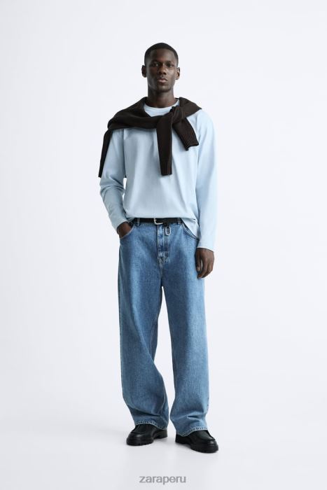 Zara hombres camiseta pesada BDP8J1211 ropa azul claro