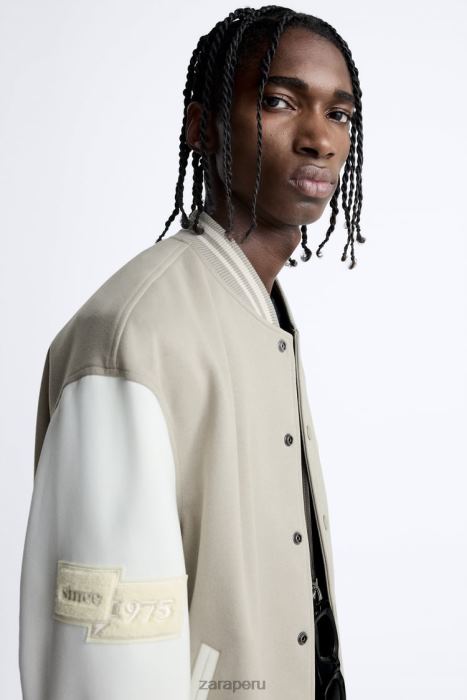 Zara hombres chaqueta bomber con parche BDP8J1132 ropa ostra blanca