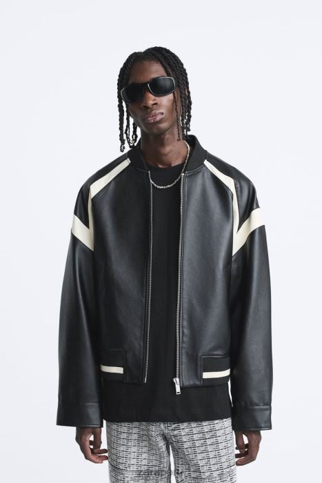 Zara hombres chaqueta bomber de piel sintética en contraste BDP8J1110 ropa negro