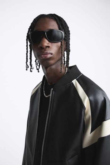 Zara hombres chaqueta bomber de piel sintética en contraste BDP8J1110 ropa negro