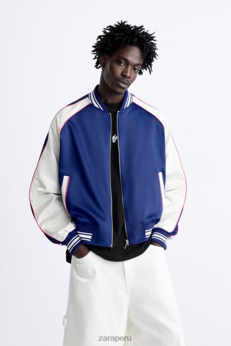 Zara hombres chaqueta con efecto satinado y texto bordado BDP8J1131 ropa azulado