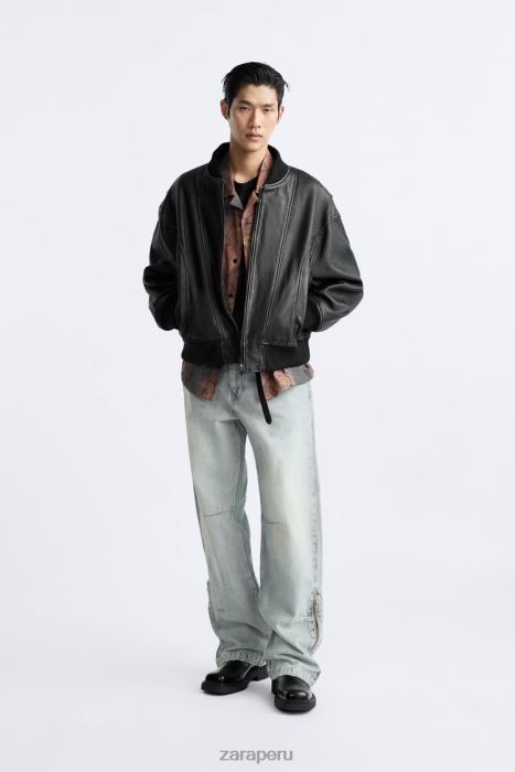 Zara hombres chaqueta de cuero vintage BDP8J1114 ropa negro
