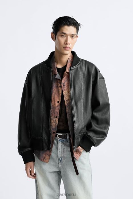 Zara hombres chaqueta de cuero vintage BDP8J1114 ropa negro