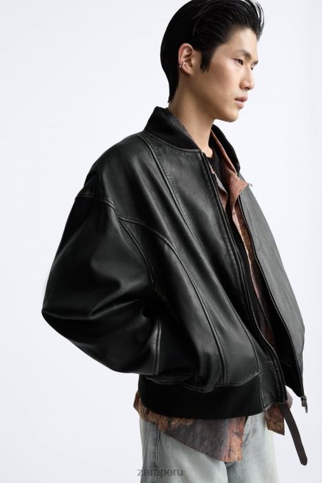Zara hombres chaqueta de cuero vintage BDP8J1114 ropa negro