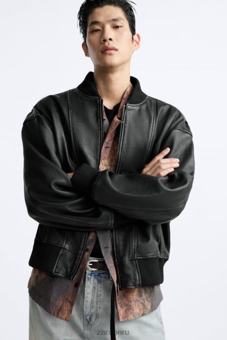 Zara hombres chaqueta de cuero vintage BDP8J1114 ropa negro