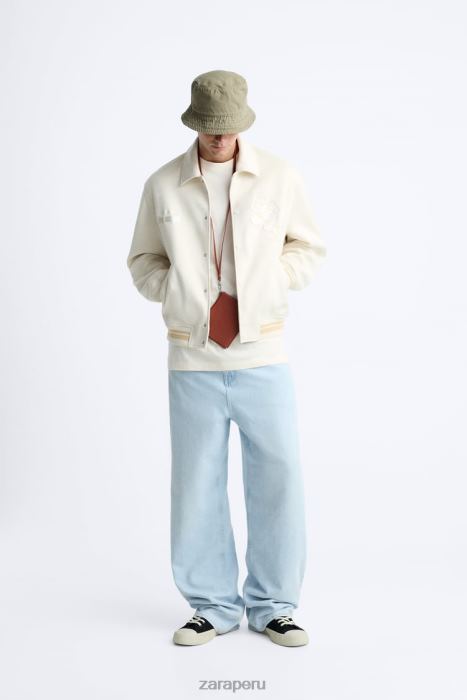 Zara hombres chaqueta de gamuza sintética bordada BDP8J1128 ropa ostra blanca