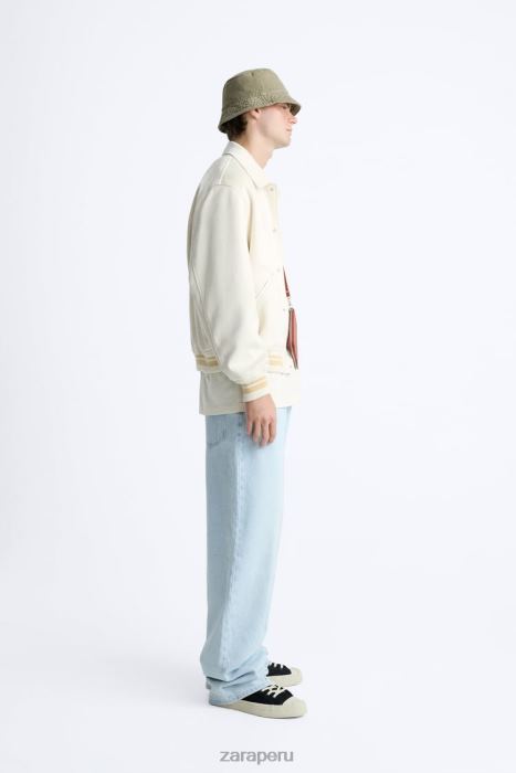 Zara hombres chaqueta de gamuza sintética bordada BDP8J1128 ropa ostra blanca