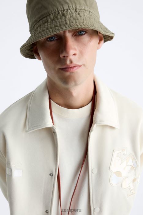 Zara hombres chaqueta de gamuza sintética bordada BDP8J1128 ropa ostra blanca