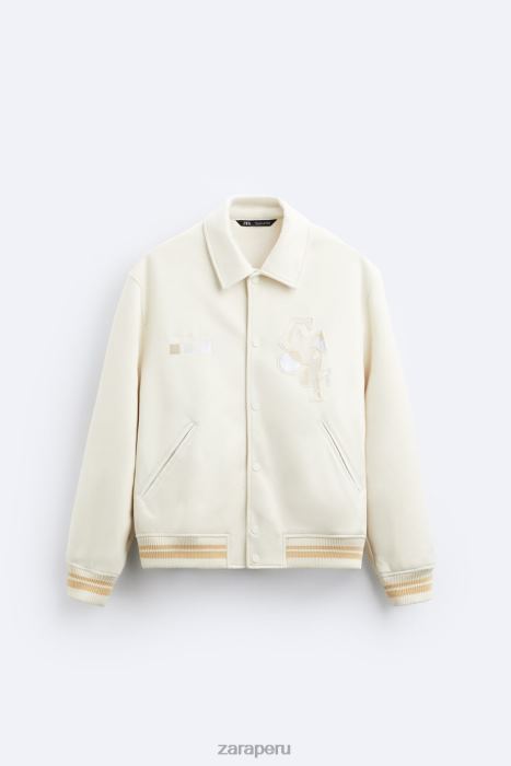 Zara hombres chaqueta de gamuza sintética bordada BDP8J1128 ropa ostra blanca