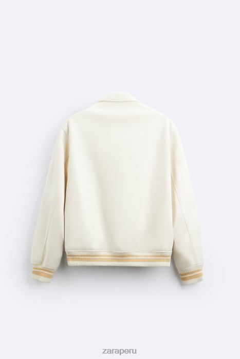 Zara hombres chaqueta de gamuza sintética bordada BDP8J1128 ropa ostra blanca