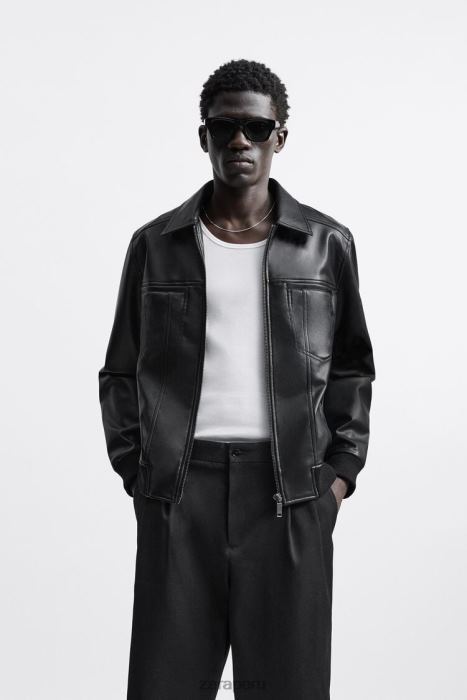 Zara hombres chaqueta de piel sintética BDP8J1121 ropa negro