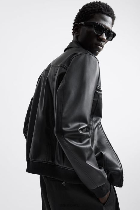 Zara hombres chaqueta de piel sintética BDP8J1121 ropa negro