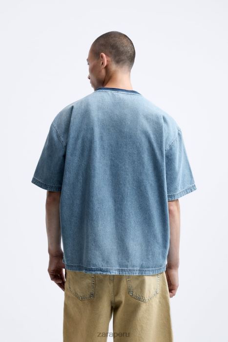 Zara hombres camiseta de mezclilla con lavado vintage BDP8J1065 ropa azul