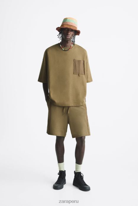 Zara hombres sudadera con bolsillo de crochet BDP8J1076 ropa caqui