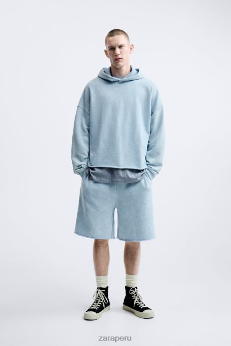 Zara hombres sudadera con capucha lavada BDP8J1054 ropa azul blanco