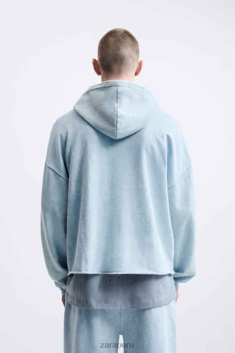 Zara hombres sudadera con capucha lavada BDP8J1054 ropa azul blanco