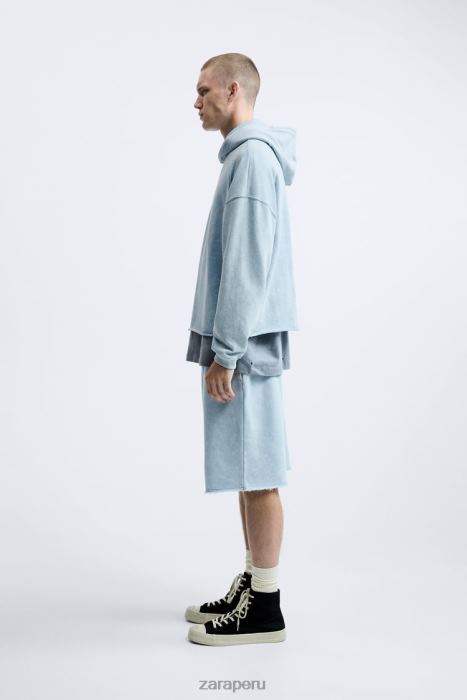 Zara hombres sudadera con capucha lavada BDP8J1054 ropa azul blanco