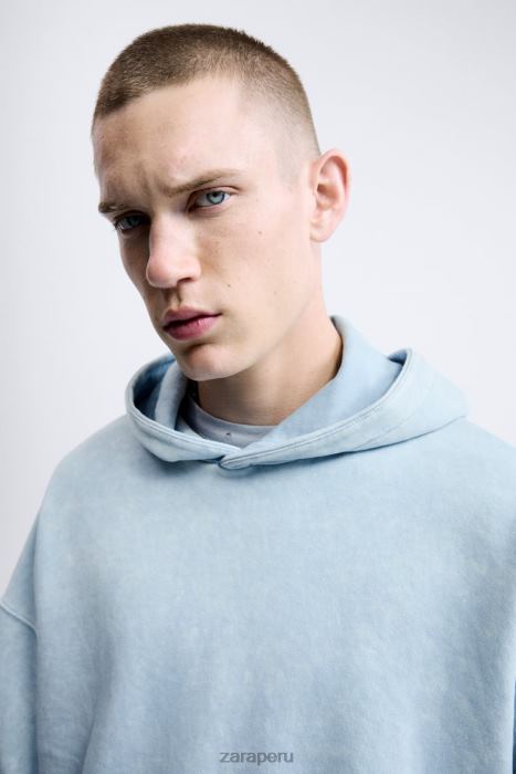 Zara hombres sudadera con capucha lavada BDP8J1054 ropa azul blanco