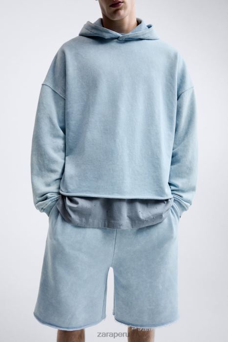 Zara hombres sudadera con capucha lavada BDP8J1054 ropa azul blanco