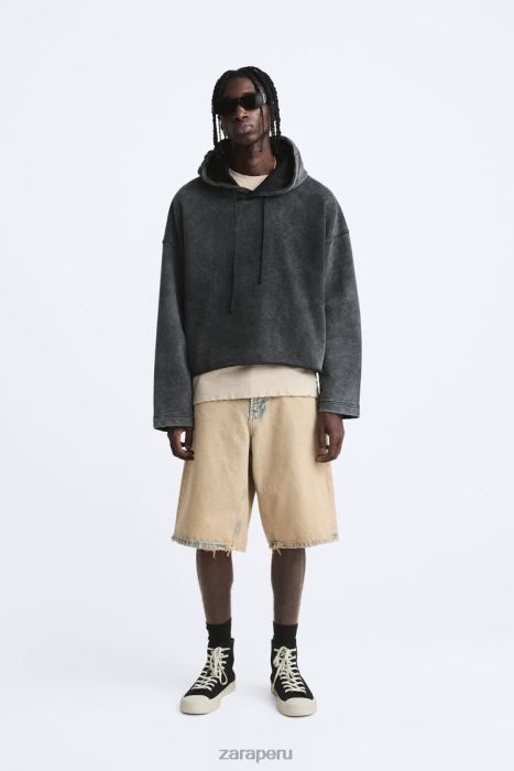 Zara hombres sudadera con capucha y corte cuadrado BDP8J1051 ropa gris oscuro
