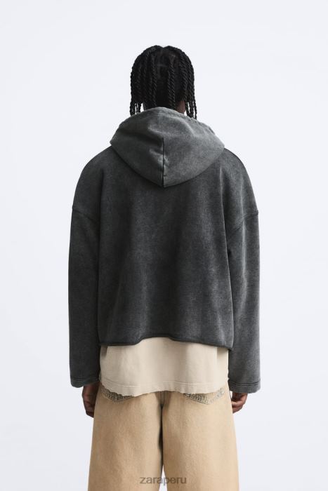 Zara hombres sudadera con capucha y corte cuadrado BDP8J1051 ropa gris oscuro