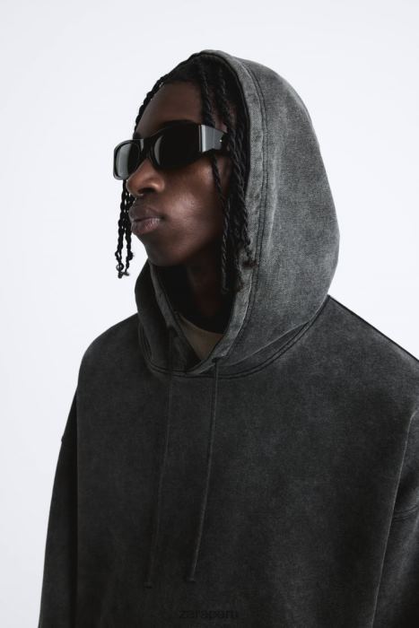 Zara hombres sudadera con capucha y corte cuadrado BDP8J1051 ropa gris oscuro