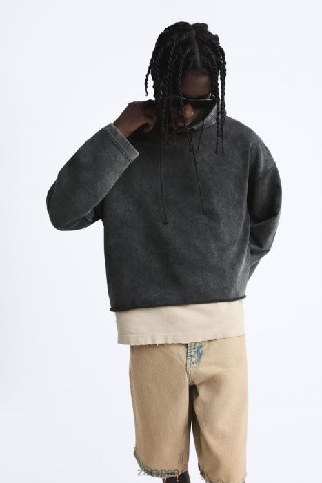 Zara hombres sudadera con capucha y corte cuadrado BDP8J1051 ropa gris oscuro