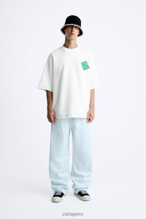 Zara hombres sudadera con parche de papel BDP8J1069 ropa ostra blanca