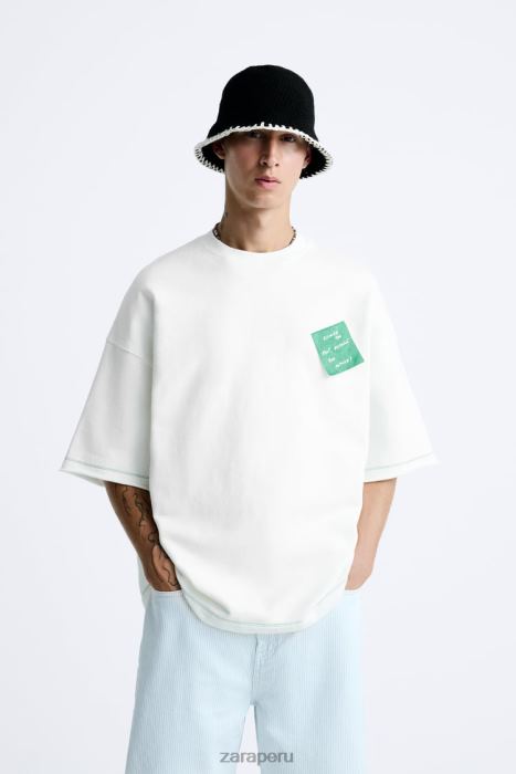 Zara hombres sudadera con parche de papel BDP8J1069 ropa ostra blanca